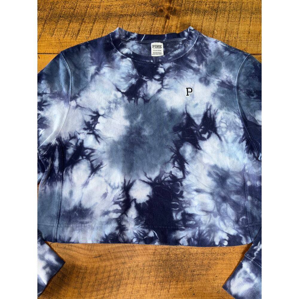 Womens Victoria's Secret PINK‎ Blue White Cropped Style Long Sleeve Sweatshirt S